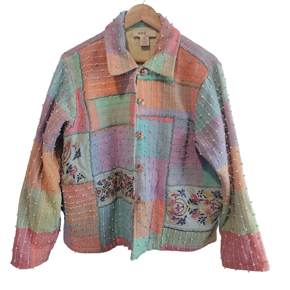 Anii by Natural Jacket Womens XL Purple Floral Embroidered Boho Indie Patchwork